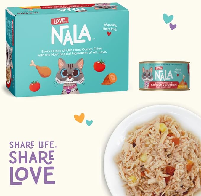 LOVE, NALA - Natural Adult Cat Wet Food - FLAKED Chicken, Sweet Potato, Tomato in Broth - Grain Free, Non-GMO, Digestive Fiber, Vitamins, Minerals - 12 Pack 2.4 lbs.