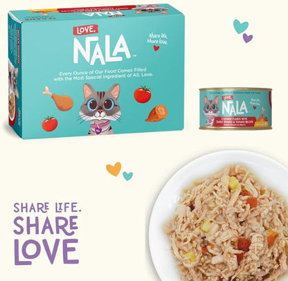 LOVE, NALA - Natural Adult Cat Wet Food - FLAKED Chicken, Sweet Potato, Tomato in Broth - Grain Free, Non-GMO, Digestive Fiber, Vitamins, Minerals - 12 Pack 2.4 lbs.