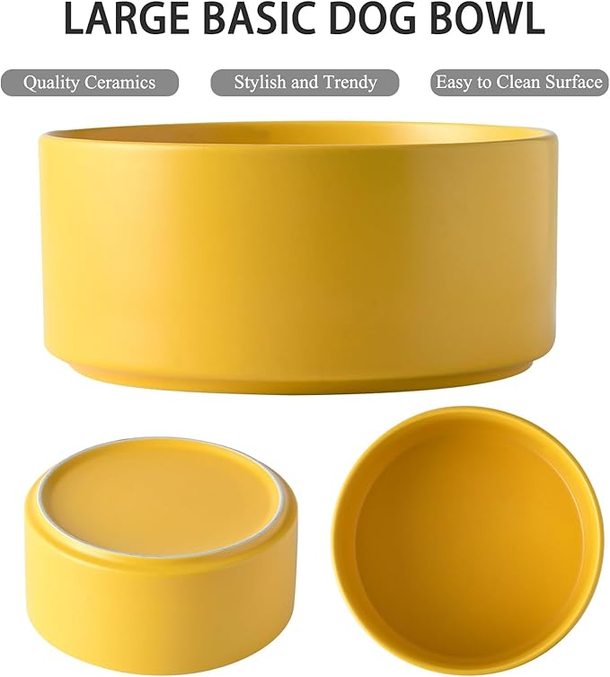 8'' Ceramic Raised Dog Bowl - 70Oz Dog Food & Water Bowl with Elevated Non-Slip Bamboo Stand, Dishwasher & Microwave Safe, Anti Vomiting Heavy Duty Pet Bowl for Medium and Large Dogs, Yellow