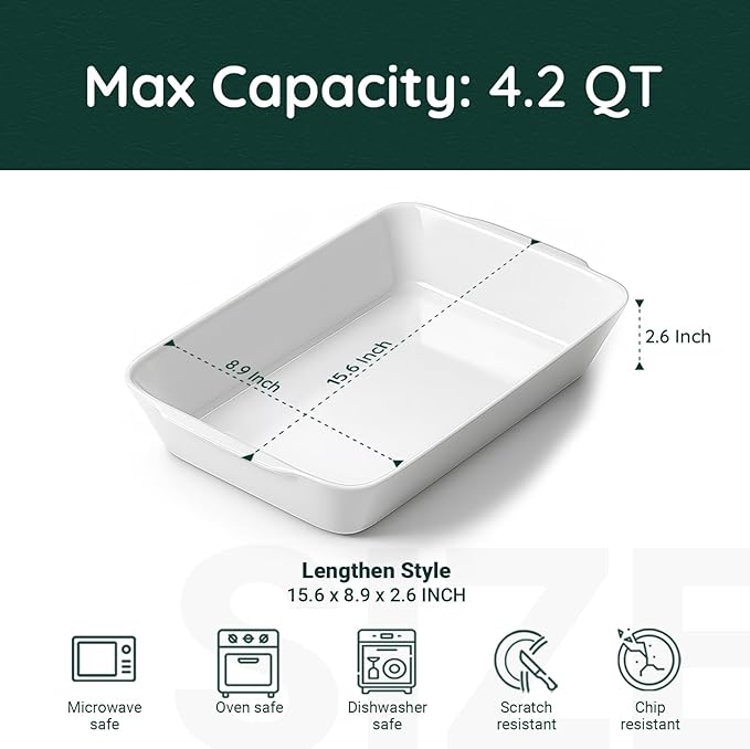 4.2 QT White Casserole Dishes for Oven, Baking dishes with Roasting Racks, Rectangular Lasagna Pan with Handles for Baking, Ceramic Baking Pan, Microwave Oven Safe