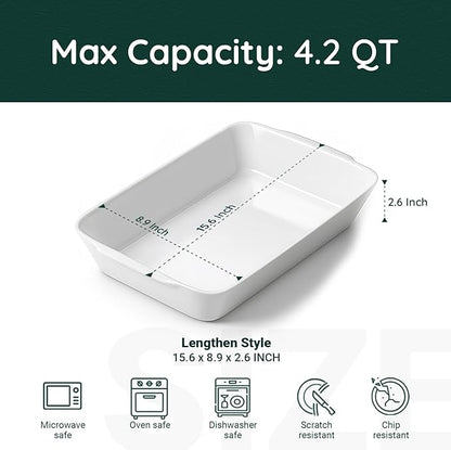 4.2 QT White Casserole Dishes for Oven, Baking dishes with Roasting Racks, Rectangular Lasagna Pan with Handles for Baking, Ceramic Baking Pan, Microwave Oven Safe