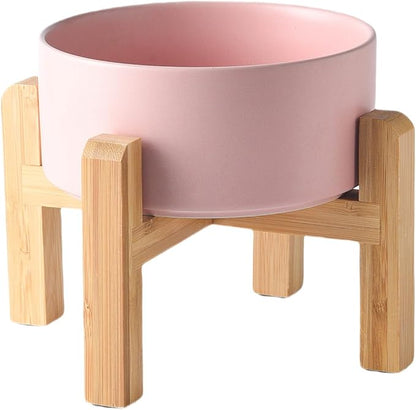 6'' Ceramic Raised Dog Bowl - 30Oz Dog Food & Water Bowl with Elevated Non-Slip Bamboo Stand, Dishwasher & Microwave Safe, Anti Vomiting Heavy Duty Pet Bowl for Small and Medium Dogs, Pink