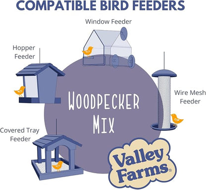Valley Farms Woodpecker Mix, No Mess Bird Seed for Outdoor Feeders, W/Peanuts and Sunflower Hearts for Birds, Woodpecker Food, Attract All Bird Species (4 LBS)