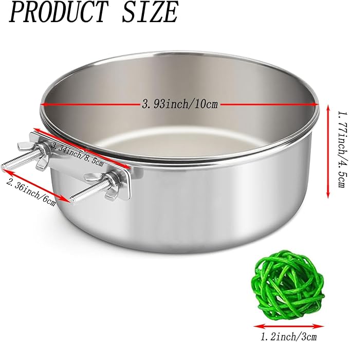 3 Pcs Stainless Steel Bird Food Water Bowls, Parrot Feeding Dish Cups with Clamp Holder Bird Ball Toys for Chinchilla, Cockatiel, Conure, Budgies, Parakeet, Lovebirds, Small Animals (Small)
