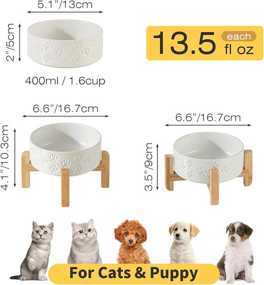 2 Pack Elevated Ceramic Dog Bowls, 5.1 inch Raised Dog Bowl Stand, 2-Height Adjustable for Toy Breed Dogs, Cats, Puppy, Protects Cervical Spine (Double Bowls + Double Stands - White, 5.1 inch)