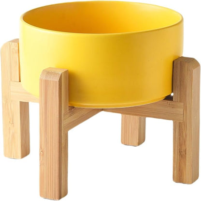 6'' Ceramic Raised Dog Bowl - 30Oz Dog Food & Water Bowl with Elevated Non-Slip Bamboo Stand, Dishwasher & Microwave Safe, Anti Vomiting Heavy Duty Pet Bowl for Small and Medium Dogs, Yellow