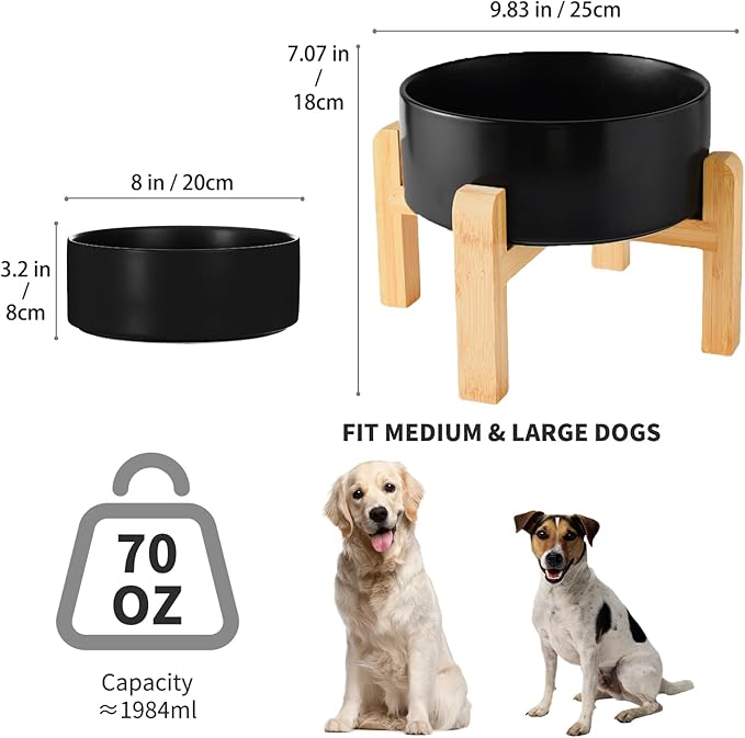 8'' Ceramic Raised Dog Bowl - 70Oz Dog Food & Water Bowl with Elevated Non-Slip Bamboo Stand, Dishwasher & Microwave Safe, Anti Vomiting Heavy Duty Pet Bowl for Medium and Large Dogs, Black
