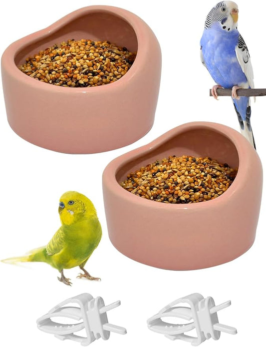 2 Pcs Bird Food Bowl Ceramic Bowls for Birds Small Parakeet Food Bowl Parrot Feeding Cups, Bird Cage Feede for Parakeets Conure Cockatiels Lovebird Budgie (Pink)