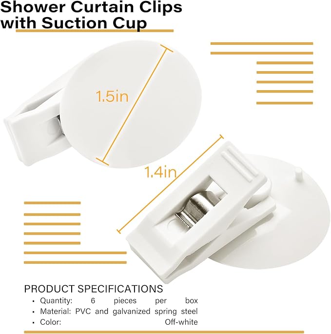 6 Packs Shower Curtain Clips with Suction Cup to Prevent Water Splashing Out, Windproof Splash Guard | Just Press Clip onto Wall| White
