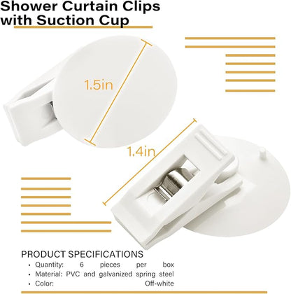 6 Packs Shower Curtain Clips with Suction Cup to Prevent Water Splashing Out, Windproof Splash Guard | Just Press Clip onto Wall| White