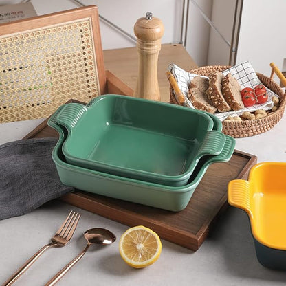 Sweejar Ceramic Baking Dish, 8 x 8 Cake Baking Pan for Brownie, Porcelain Square Bakeware with Double Handle for Casserole, Lasagna, Family Dinner (Light Green)