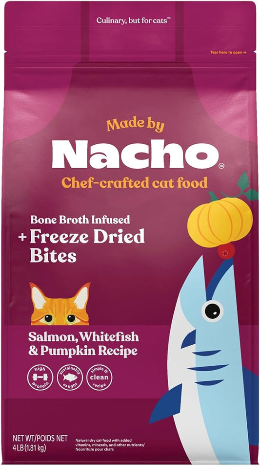 Made by Nacho Dry Cat Kibble 4lb Bag, High Protein Premium Cat Food with Freeze Dried Pieces, Sustainably-Caught Salmon, Whitefish & Pumpkin, Limited Ingredients, Single Bag