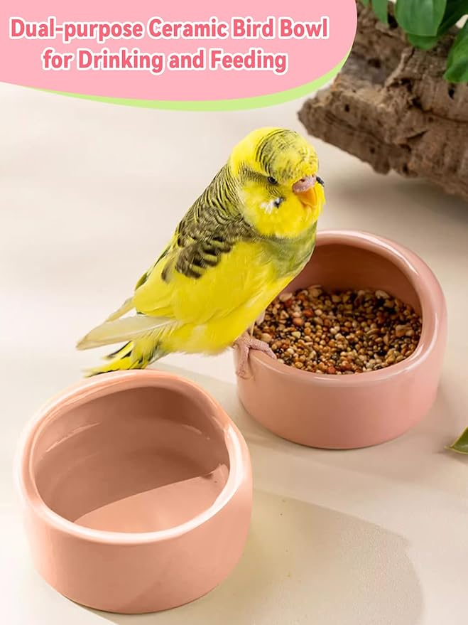2 Pcs Bird Food Bowl Ceramic Bowls for Birds Small Parakeet Food Bowl Parrot Feeding Cups, Bird Cage Feede for Parakeets Conure Cockatiels Lovebird Budgie (Pink)