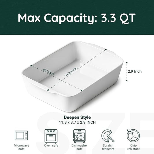 3.3 QT Ceramic Baking Dish, White Casserole Dish，Lasagna Pan for Oven, Bakeware for Baking, Kitchen Decor, Microwave Oven Safe, Dinner Party（8.7" x 11.8"）