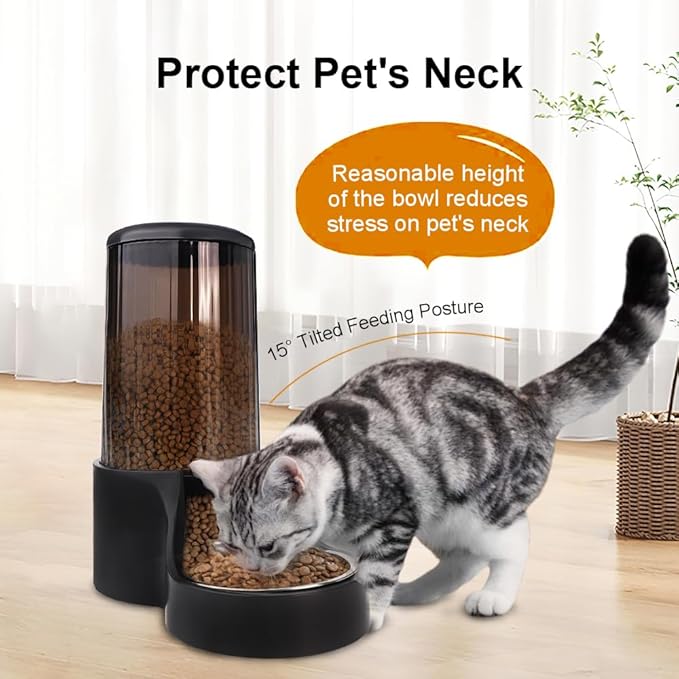 Automatic Cat Feeder, 3.8L Large Gravity Cat Food Dispenser with Detachable Top Lid, Visible Bottle and Stainless Steel Bowl for Pets (Full Black)