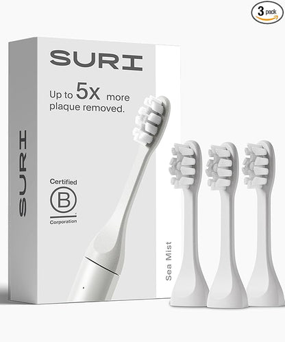 SURI Recyclable Plant-Based, Electric Toothbrush Heads - Built-in Tongue Scraper, Long Lasting Replacement Heads | Compatible Only with SURI Sonic Electric Toothbrush - Sea Mist, Pack of 3