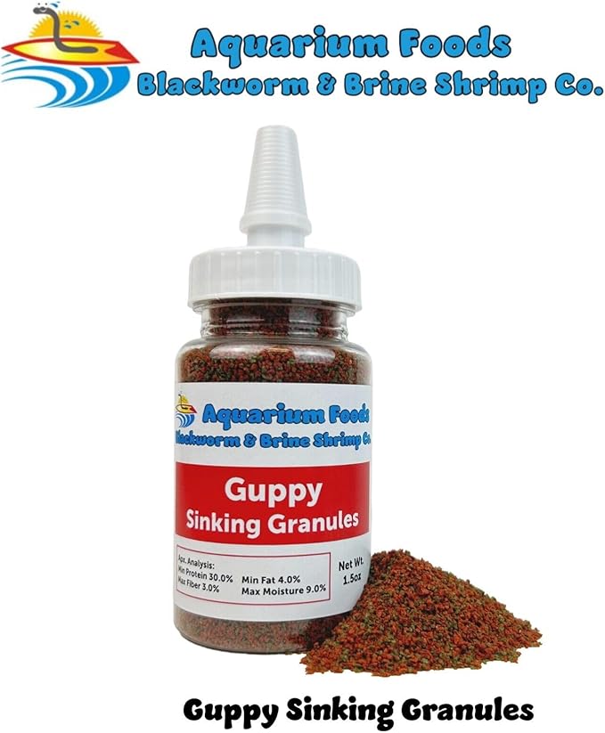 Aquatic Foods Inc. Guppy Sinking Granules Fish Food for Guppies, Endlers, Mollies, Platies, Swordtails, Groumis, Tetras, Catfish, Cichlids, All Community Tropical Fish…1.5oz Squeeze Bottle