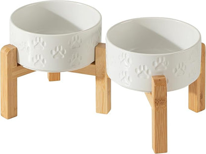 6" Raised Ceramic Dog Bowl Set, Reversible 2-Bowl Dog Stand with Dual Fixed Heights, 3.5 Cups, Elevated Food and Water Bowls for Small Breed Dogs, Microwave safe (Double Bowls + Stand - White, 6 inch)