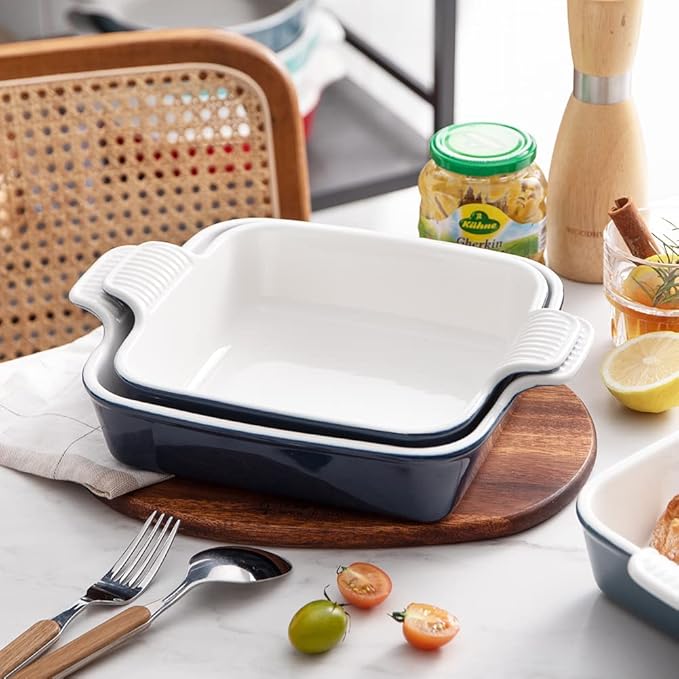 Sweejar Ceramic Baking Dish, 8 x 8 Cake Baking Pan for Brownie, Porcelain Square Bakeware with Double Handle for Casserole, Lasagna, Family Dinner (Navy)