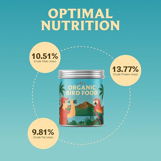 100% Organic Parrot Food – Premium Bird Seed Mix with Oat Groats, Buckwheat, Amaranth, Super Veggies & Seeds – Reusable Tin + Stainless-Steel Scooper – Made in USA, Human Grade Ingredients (1lb)