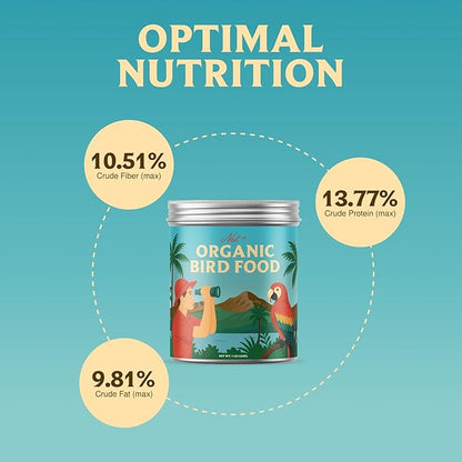 100% Organic Parrot Food – Premium Bird Seed Mix with Oat Groats, Buckwheat, Amaranth, Super Veggies & Seeds – Reusable Tin + Stainless-Steel Scooper – Made in USA, Human Grade Ingredients (1lb)
