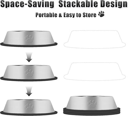 3Pcs Stainless Steel Dog Bowls Set with Dog Paw Pattern- Non-Slip Food and Water Bowl 13 Oz - Dishwasher-Safe, Rust Resistant Metal Pet Bowls for Small/Medium/Large Sized Pets