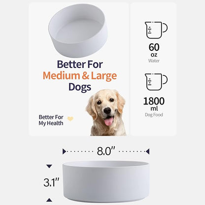 White Dog Bowl Ceramic for Medium Large Breed, Heavy Weighted Dog Food Water Feeder Dish, Non - Slip Modern Cute Extra Big Porcelain 8 in Pet Bowl Maze