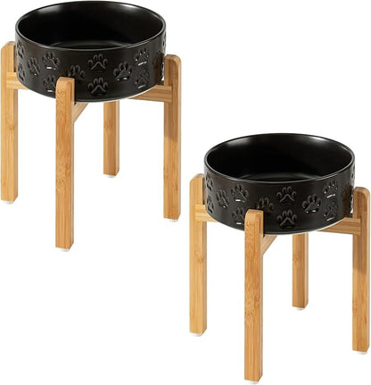 2 Pack Elevated Ceramic Dog Bowls, 8.3 inch Raised Dog Bowl for Large Sized Dogs, 10" Wide x 11" Tall, Dishwasher Safe (Double Bowls + Double Stands - Black, 8 inch)