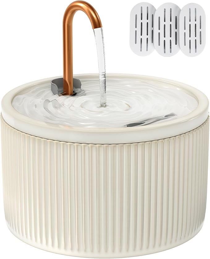 Ceramic Cat Water Fountain - 2.1L/71oz - All-Ceramic Body & Pure Copper Water Spout - Automatic Pet Drinking Fountain for Cats Indoor with Ultra-Quiet Pump, and 3Pcs Filter & Sponge (Beige)