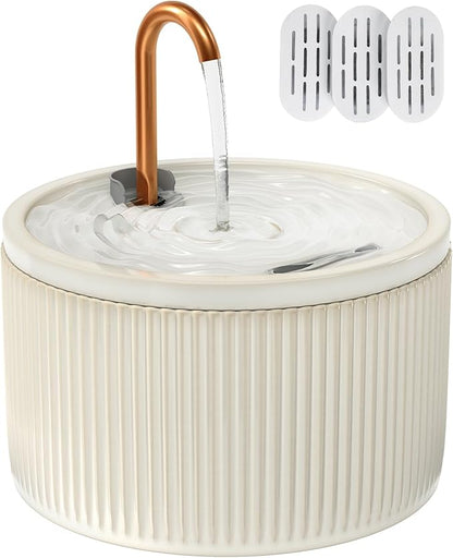 Ceramic Cat Water Fountain - 2.1L/71oz - All-Ceramic Body & Pure Copper Water Spout - Automatic Pet Drinking Fountain for Cats Indoor with Ultra-Quiet Pump, and 3Pcs Filter & Sponge (Beige)