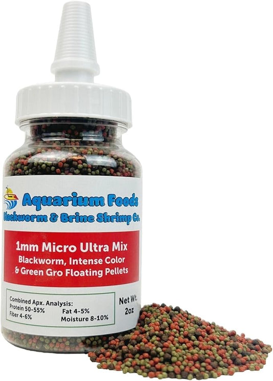 Aquatic Foods Inc. 1mm Ultra Mix of Blackworm, Intense Color Enhancing & Spirulina Green GRO Floating Pellets for Guppies, Tetras, Bettas, Nano Fish, Baby Fish…2oz Squeeze Bottle