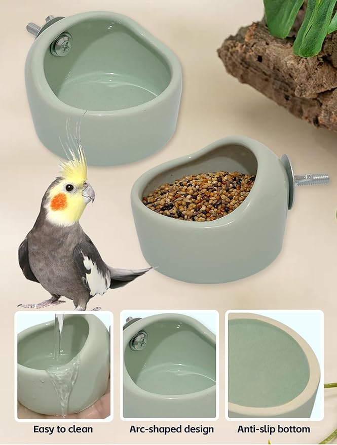 2PCS Birds Feeding Dish Cups Ceramic Bird Cage Food Bowls, Bird Cage Feeder Hanging Parrot Food Bowl for Budgie Finches Lovebirds Cockatiels (Green)