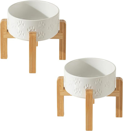 2 Pack Elevated Ceramic Dog Bowls, 6.1 inch Raised Dog Bowl with 2-Height Adjustable Stand for Small Dogs, Reducing Neck Strain (Double Bowls + Double Stands - White, 6 inch)