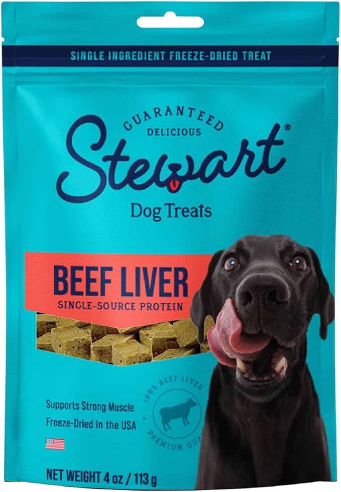 Stewart Single Ingredient Freeze Dried Raw Dog Treats, Beef Liver, 4 Ounce, Approx. 90 Pieces per Resealable Pouch, Training Treats or Meal Topper, High Protein, Grain Free, Gluten Free