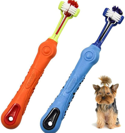 TIHOOD Three Sided Pet Toothbrush Dog Brush Addition Bad Breath Tartar Teeth Care Dog Cat Cleaning Mouth (Blue and Orange)
