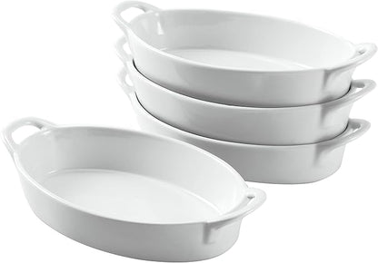 Bruntmor 8 x 5 inch Oval Porcelain Ceramic Deep Dish Au Gratin Pan Set of 4, Dual Handle Au Gratin Baking Dishes, Oven Safe Roasting Lasagna Pan For kitchen- White