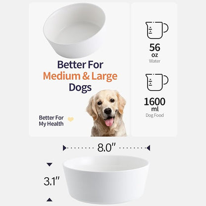 White Dog Bowl Ceramic for Medium Large Breed, Heavy Weighted Dog Food Water Dish, 8 in Non - Slip Modern Cute Extra Big Porcelain Pet Bowl Maze Wide Mouth