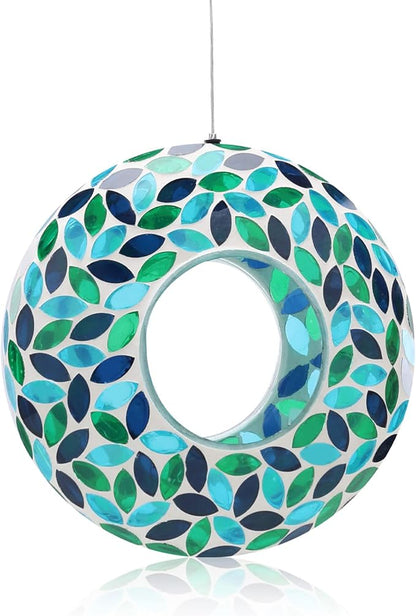 VCUTEKA Bird Feeder Mosaic Fly Through Bird Feeders for Outside Hanging with Round Shape Glass Container to Attract More Wild Birds for Garden, Yard, Backyard, Deck and Porch Decor, Green 10-Inch