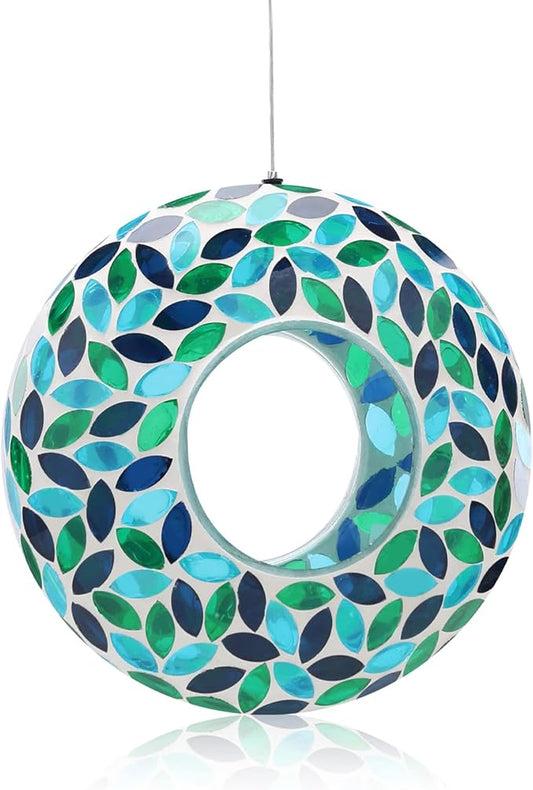 VCUTEKA Bird Feeder Mosaic Fly Through Bird Feeders for Outside Hanging with Round Shape Glass Container to Attract More Wild Birds for Garden, Yard, Backyard, Deck and Porch Decor, Green 10-Inch