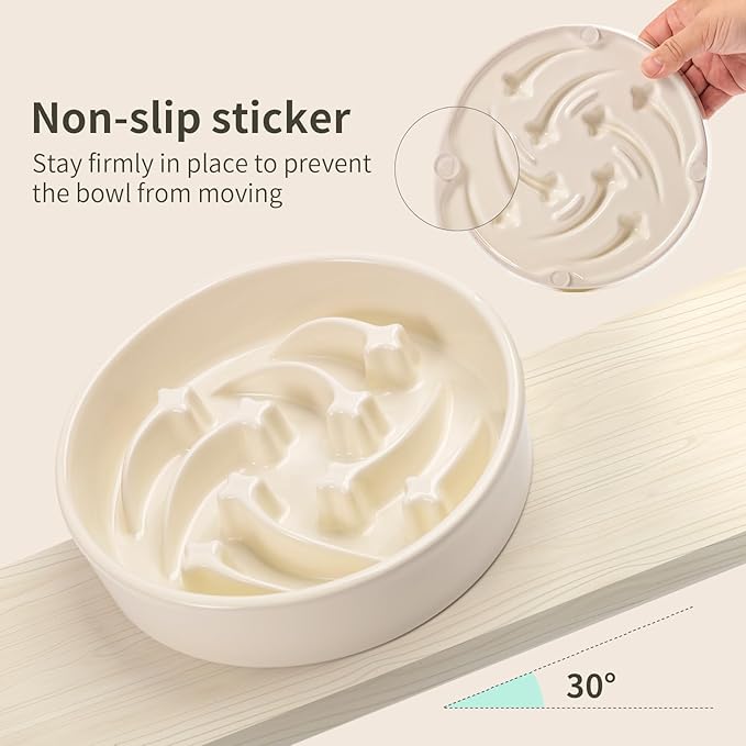 8.26 in Milk White Dog Bowl Slow Feeder Ceramic for Medium and Large Breed,Slow Feeding Dog Food Water Dish Heavy Weighted,Puppy Dish for Fast Eaters,Puzzle Eating Bowl Modern Meteor