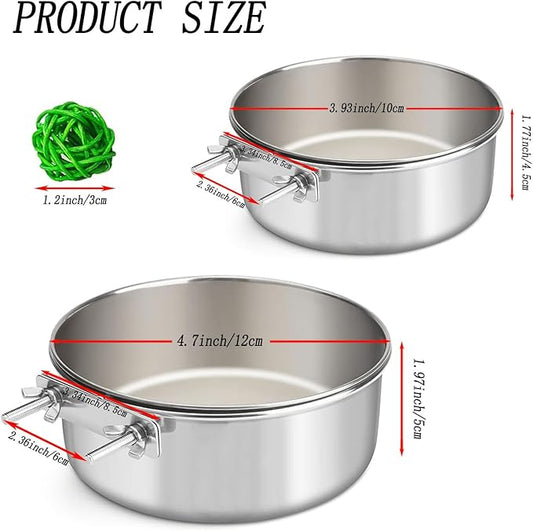 2 Pcs Stainless Steel Bird Food Water Bowls, Parrot Feeding Dish Cups with Clamp Holder Bird Ball Toys for Chinchilla, Cockatiel, Conure, Budgies, Parakeet, Lovebird, Small Animals (Small+Medium)