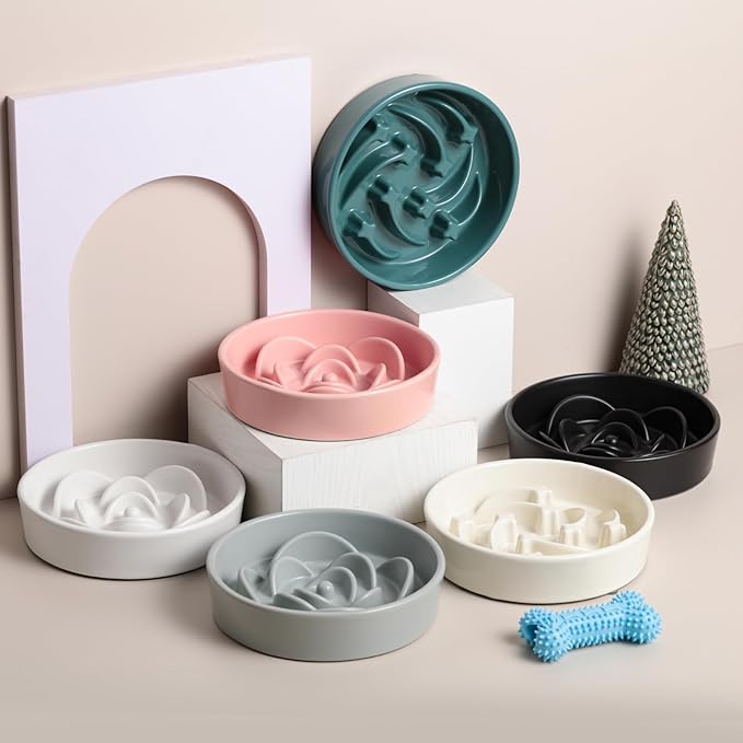 8.26 in Grey Dog Bowl Slow Feeder Ceramic for Medium and Large Breed,Slow Feeding Dog Food Water Dish Heavy Weighted,Puppy Dish for Fast Eaters,Puzzle Eating Bowl Modern Maze