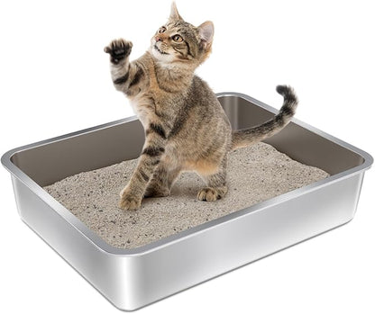 Stainless Steel Litter Box - 17.7" L x 13.77" W x 4" H Metal Cat Litter Box, Non Stick, No Smell, Easy Entry,Easy to Clean,Metal Litterbox for Kitten,Elderly Cats,Bunny