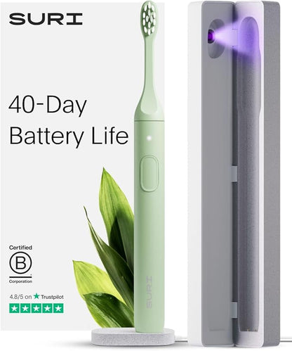 SURI 1.0 Sonic Electric Toothbrush with UV Cleaning Travel Case | 40+Day Battery | Designed in California | Electric Toothbrush for Adults | Travel Toothbrushes | Tooth Brush | Green