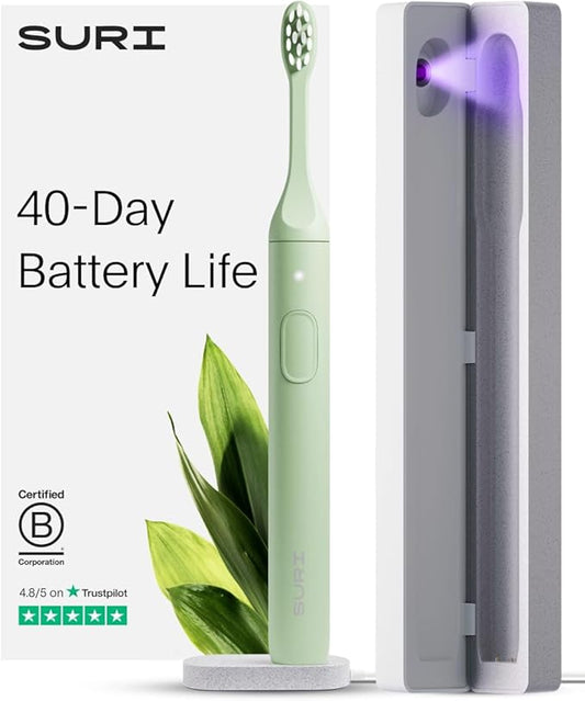 SURI 1.0 Sonic Electric Toothbrush with UV Cleaning Travel Case | 40+Day Battery | Designed in California | Electric Toothbrush for Adults | Travel Toothbrushes | Tooth Brush | Green