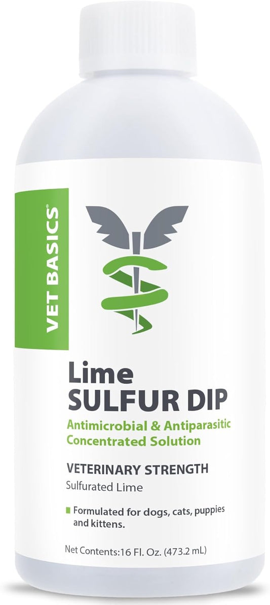 Vet Basics Lime Sulfur Dip – Skin Itch Relief Concentrated Antimicrobial & Antiparasitic Solution for Dogs, Cats, Puppies, Kittens & Horses, Helps Manage Ringworm, Mange, Skin Irritation, 16oz