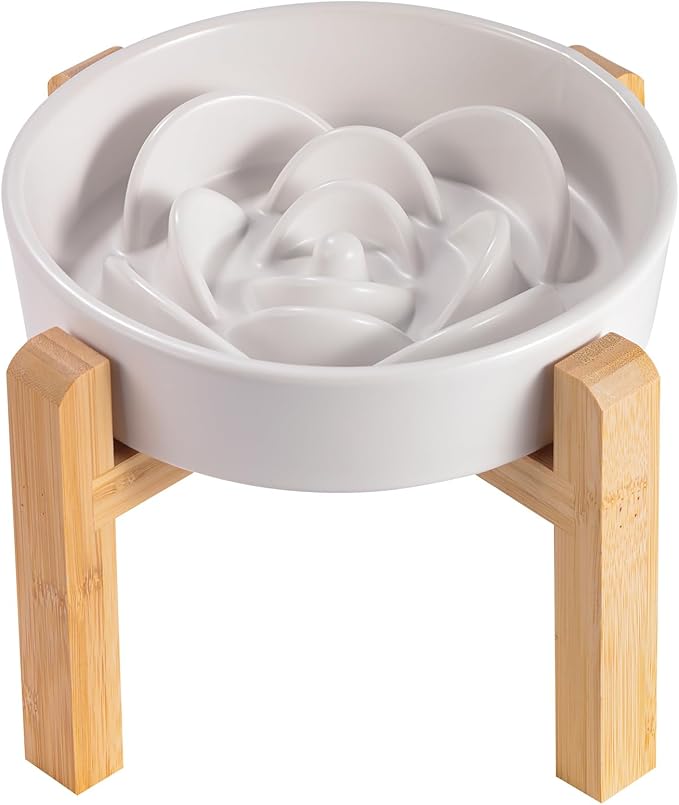 8.26 in White Dog Bowl Slow Feeder Ceramic for Medium and Large Breed, Elevated/Raised Slow Feeding Dog Food Water Dish Heavy Weighted,Puppy Dish for Fast Eaters,Puzzle Eating Bowl Modern Maze