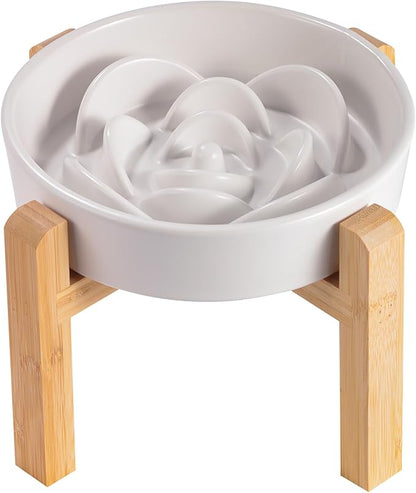 8.26 in White Dog Bowl Slow Feeder Ceramic for Medium and Large Breed, Elevated/Raised Slow Feeding Dog Food Water Dish Heavy Weighted,Puppy Dish for Fast Eaters,Puzzle Eating Bowl Modern Maze
