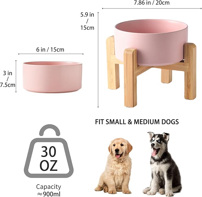 6'' Ceramic Raised Dog Bowl - 30Oz Dog Food & Water Bowl with Elevated Non-Slip Bamboo Stand, Dishwasher & Microwave Safe, Anti Vomiting Heavy Duty Pet Bowl for Small and Medium Dogs, Pink
