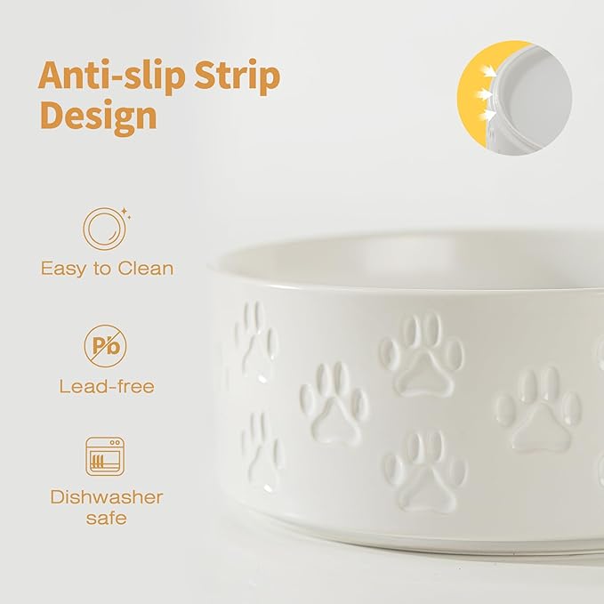 3.5 Cup Ceramic Dog Bowl Set with Anti-Slip Rings for Small Breed Dogs, 6" Food and Water Bowls, Pet Dishes for Small-Sized Dogs (Double Bowls - White, 6 inch)